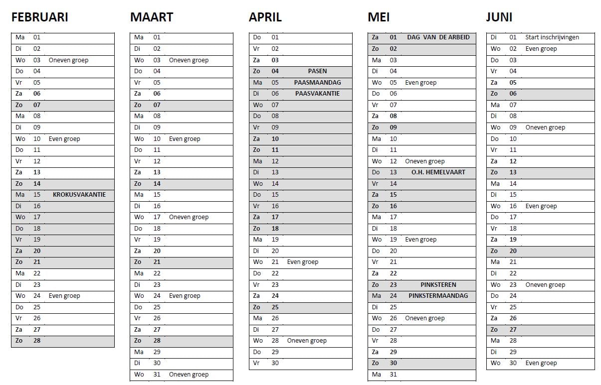 Kalender even en oneven weken Lagere Graad